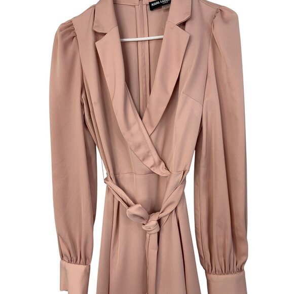 Karl Lagerfeld Paris Pink Faux Wrap Dress Surplus Neck Ruffle Hem LS Size 2 - Picture 8 of 11